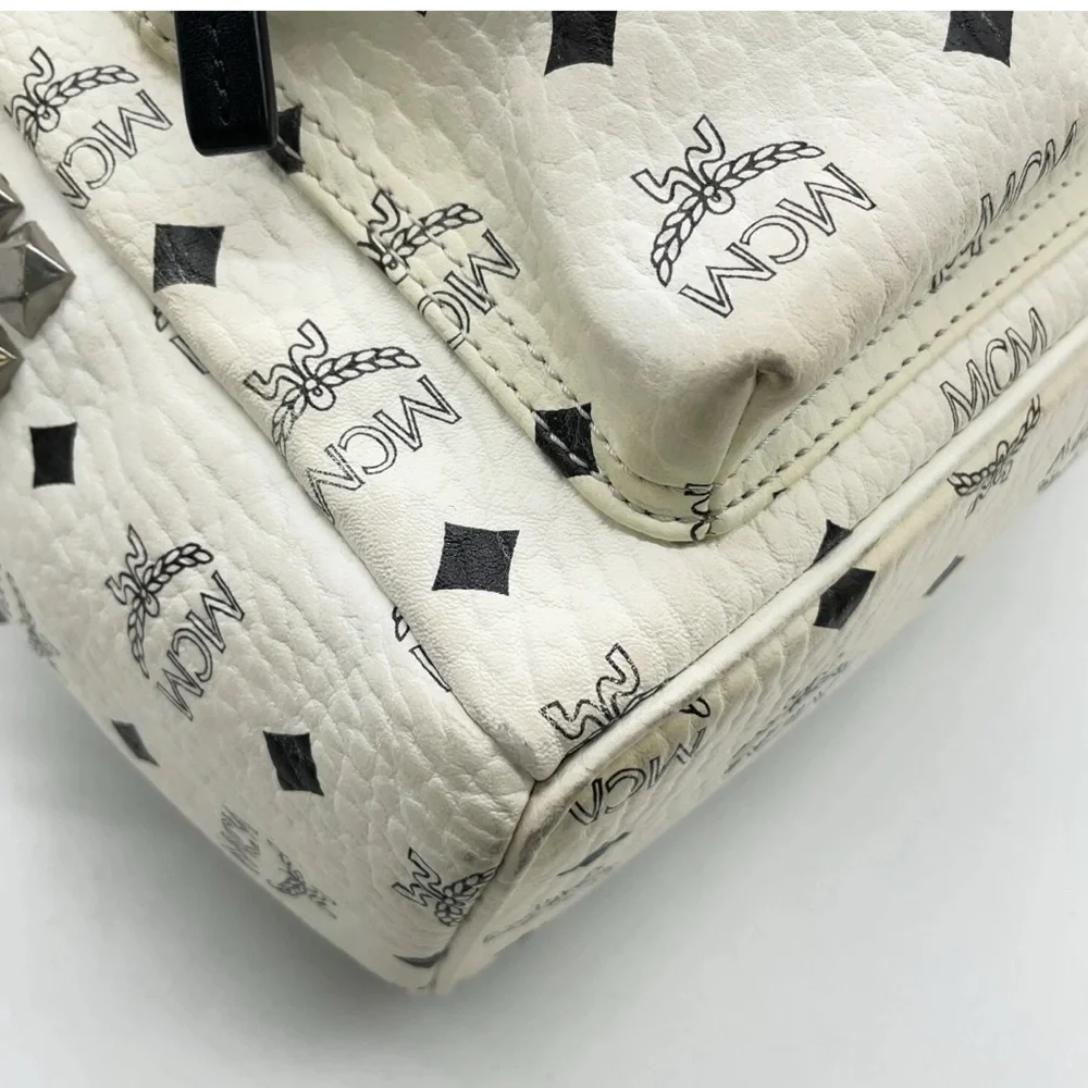Authentic MCM Visetos Pattern White Leather Studded Backpack medium size